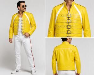 Freddie Mercury Inspired Yellow Military Moto Jacket Buckle Front Queen Rock
